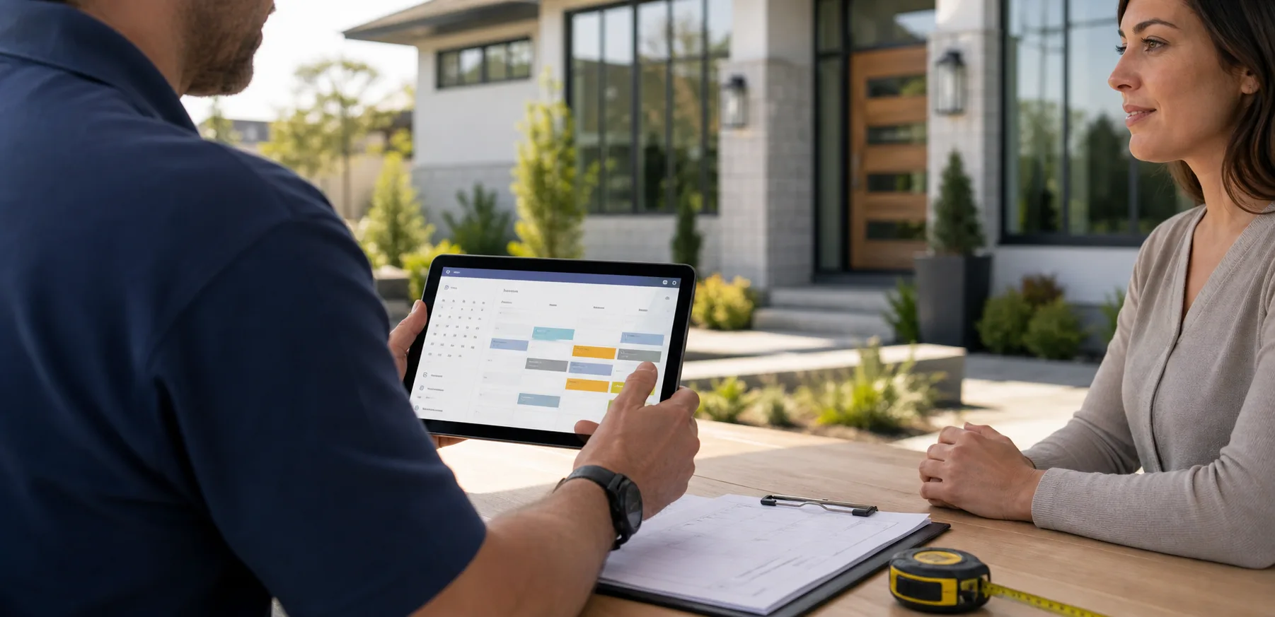 Contractor reviewing a scheduled appointment on a tablet with a homeowner